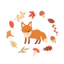 Cute Fox Cub Surrounded By Twig Leaves. Kids Vector Illustration For Print And Design