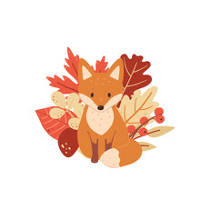 Cute Fox Cub Surrounded By Twig Leaves. Kids Vector Illustration For Print And Design