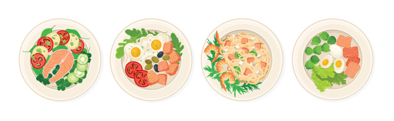 Sticker - Salmon Dish as Tasty Seafood Meal Served on Plate Vector Set