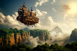flying pirate ship flying above the mountains. Fantasy illustration