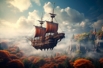 Wall Mural - flying pirate ship flying above the mountains. Fantasy illustration