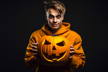 Men Holding Carved Pumpkin Concept Halloween. Generative AI.