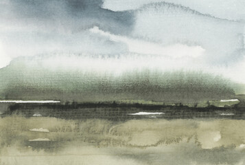 Ink watercolor landscape smoke flow stain blot on wet paper texture background.