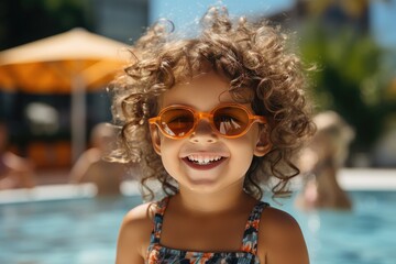 Wall Mural - A happy little girl in sunglasses near the pool in the summer. space for text. children's summer holidays