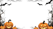 A Halloween Frame With Pumpkins And Bats. Digital Image. Frame With Copy Space.