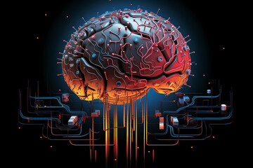 Wall Mural - Illustration of Wired Brain: The Next Step Towards Artificial Intelligence.