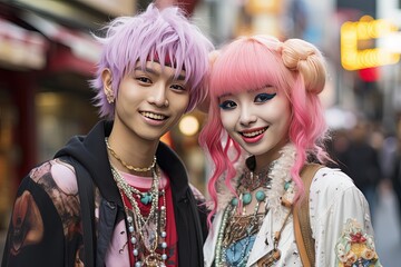 close up portrait, happy teenage couple lover in colorful punk street fashion style look, Generative Ai