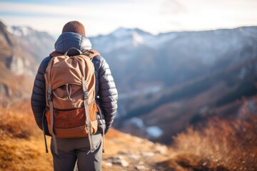 Wall Mural - Unrecognizable Young Man With Backpack Hiking