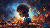 illustration of young boy with puzzle game piece fractal, idea for critical thinking and how to find the right solution concept, Generative Ai