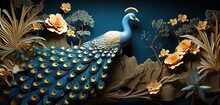 Paper Cut Sculpture Layer Art Illustration, Close Up Peacock In Forest, Gold Green Tone Color, Generative Ai