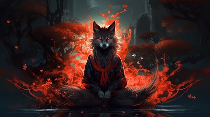 painting style illustration of fox spirit with fire flame flower glitter glow blossom, Generative Ai