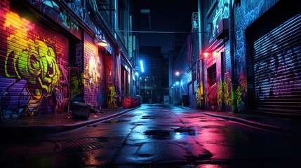 Wall Mural - punk rock wet city street after rain at night time with colorful light and graffiti wall, Generative Ai