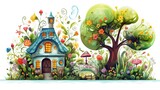Fototapeta Uliczki - watercolor style illustration cute whimsical fantasy house in autumn or spring garden, flower and leaf in colorful tone color, Generative Ai