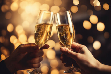 Two hands with glasses of champagne wine clink against blurred golden lights. Festive background and celebration concept