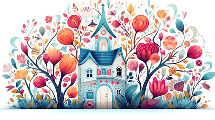 Wall Mural - watercolor style illustration cute whimsical fantasy house in autumn or spring garden, flower and leaf in colorful tone color, Generative Ai