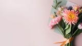 Fototapeta Tulipany - A bouquet of flowers with a tag, for Mothers Day, Birthday, Valentine's Day, romantic gift. Web banner with copy space