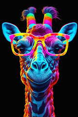 Wall Mural - portrait of a hipster giraffe wearing glasses in neon colors
