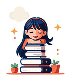 Fototapeta  - A girl dreaming, resting her face on her hand that rests on a stack of books. Education concept. Back to school. Vector illustration