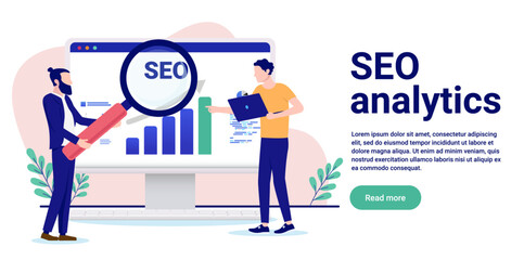 Poster - SEO analytics banner illustration - Two people working on search engine optimisation research on computer with magnifying glass. Flat design with white background and copy space for text