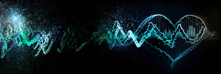 heart-shaped DNA strand with an EKG heartbeat overlay, symbolizing the connection between genetics and heart health