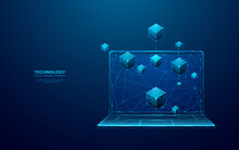 Abstract Digital Isometric Blockchain On Opened Laptop. Linked Blocks On A Computer Screen. Technology Or Metaverse Concept. 3D Vector Illustration On Blue Background In Futuristic Low Poly Wireframe.