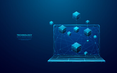 Abstract digital isometric blockchain on opened laptop. Linked blocks on a computer screen. Technology or metaverse concept. 3D vector illustration on blue background in futuristic low poly wireframe.