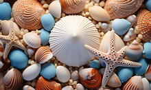 Background From Different Sea Shells Close Up.