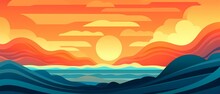 Background Maze Ocean, Waves, Sun, Clouds, With Parallel Lines Illustration