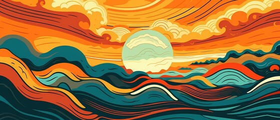 Wall Mural - Background maze ocean, waves, sun, clouds, with parallel lines illustration