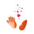 Hearts falling into the palms of hands. Love emoji. Hands receiving or giving out likes. Icon for social media. Valentine's Day design  with flying love hearts. Cartoon vector illustration.