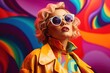 Beautiful fictional female model in colorful stylish fashion clothes and sunglasses. Fashionable woman wearing colored coat in a background of eclectic bold colors. Generative AI.