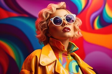 Wall Mural - Beautiful fictional female model in colorful stylish fashion clothes and sunglasses. Fashionable woman wearing colored coat in a background of eclectic bold colors. Generative AI.