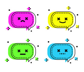 Set of trendy vector mind clouds with smile faces. Message bubbles in different bright colors: magenta, yellow, blue, green