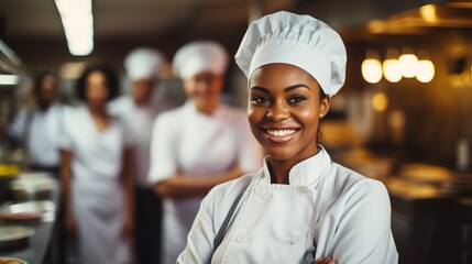 Portrait of a smiling female chef with hands crossed in the kitchen. Design ai