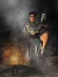 Athena, the Greek Goddess of wisdom and war sits on a rock with her owl on her arm.  She stares at you from the other side of a brazier fire. 3D Rendering
