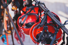 Equipment For Climbing Sport Outdoor, Rock Climbing Alpinism Mountaineering Gear With Helmet, Belt, Carabiner, Rope, Harness With Belay And Protection For High Ropes Course