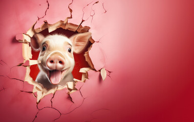 Poster - Pig with shocked surprised, smiling expression peeking through hole in cracked wall hole. Banner with copy space side. Generative AI