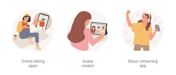 Teenager using apps isolated cartoon vector illustration set. Teen use online-dating app, portrait on smartphone screen, avatar creator, music streaming application, wear headphones vector cartoon.