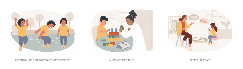 Wall Mural - children development issues isolated concept vector illustration set. attention deficit hyperactivit