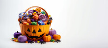 Halloween Concept Background. Halloween Jack O Lantern Pumpkin Basket With Full Of Candies On White Background. Trick Or Treat Concept. Copy Space For Text.