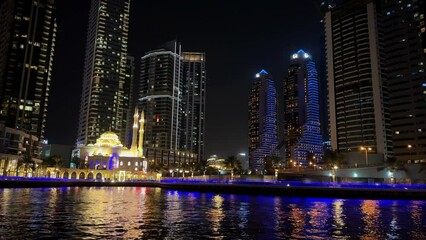 Wall Mural - Modern city in the night, Dubai Marina view in the night. High quality 4k footage