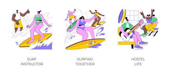 Wall Mural - Surf camp isolated cartoon vector illustrations set. Girl in swimsuit learn to surf with an instructor, diverse young friends surfing in the ocean, hostel life, holiday trip vector cartoon.