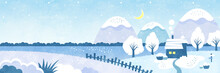 静かな冬の夜の風景 雪と自然と水辺の家の水彩背景イラスト