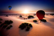 Travelers balloons fly over beautiful desert in evening, AI generated