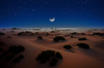Wall Mural - Beautiful calm desert with covered fog in cresent night, AI generated