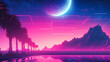 Synthwave 3d retro cyberpunk style landscape background banner or wallpaper. Bright neon pink and purple colors, generative ai