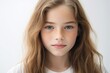 © SayLi - a closeup photo portrait of a beautiful young white european american blonde model teen girl looking forward with green blue eyes. child ad with copyspace. isolated on white background. Generative AI