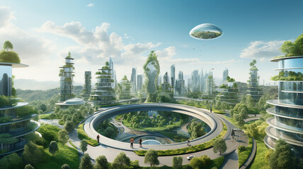 Wall Mural - Futuristic city showcasing the integration of natural elements within urban environments. The necessity of creating sustainable, green spaces amidst urban development