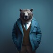 A bear standing on two legs in a warm winter jacket. Abstract, creative, illustrated, minimal portrait of a wild animal dressed up as a man in elegant clothes. 