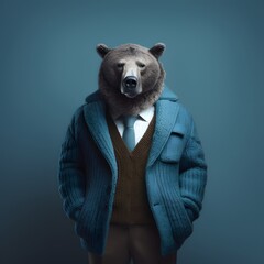 Wall Mural - A bear standing on two legs in a warm winter jacket. Abstract, creative, illustrated, minimal portrait of a wild animal dressed up as a man in elegant clothes. 